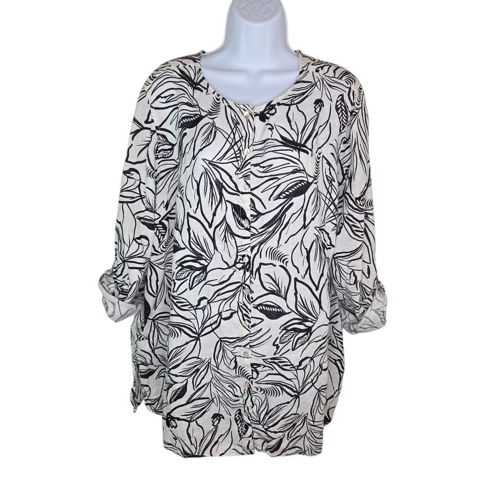 Christian Siriano Linen Tab Sleeve Tropical Print Blousr Top Size 2x